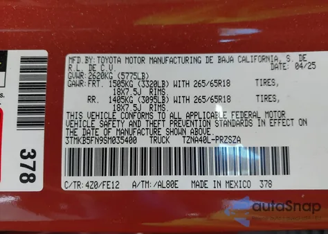 2025 Toyota Tacoma Trd Sport 2Wd z USA, uszkodzony, nr VIN 3TMKB5FN9SM035400